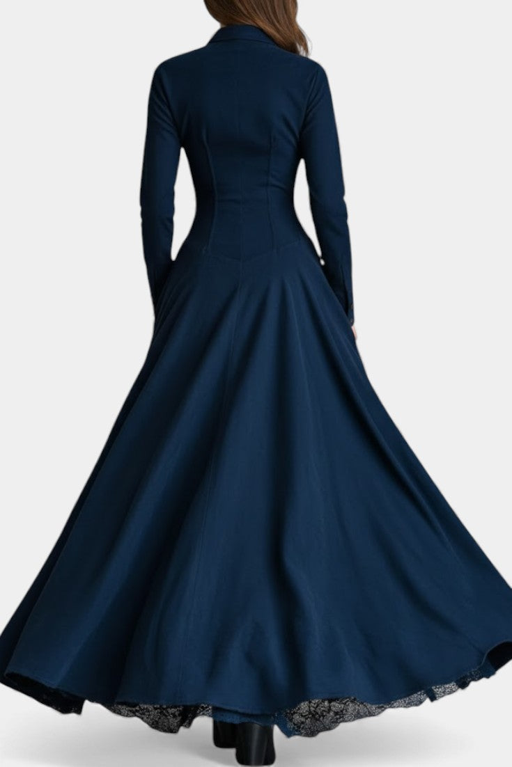 Donkerblauwe Lange Jurk met Knoopsluiting