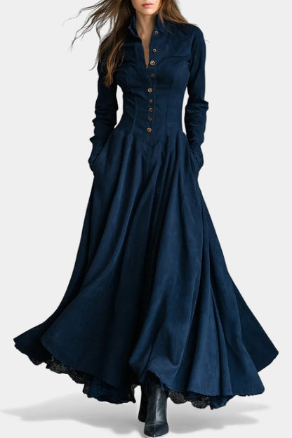 Donkerblauwe Lange Jurk met Knoopsluiting