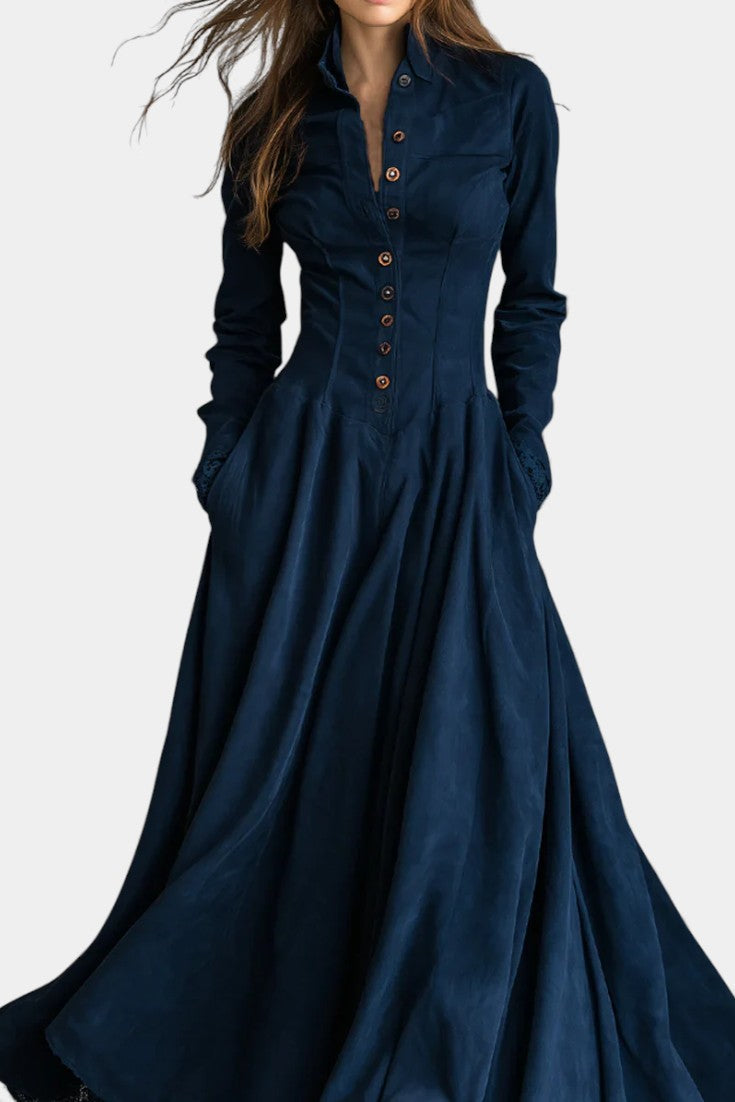 Donkerblauwe Lange Jurk met Knoopsluiting