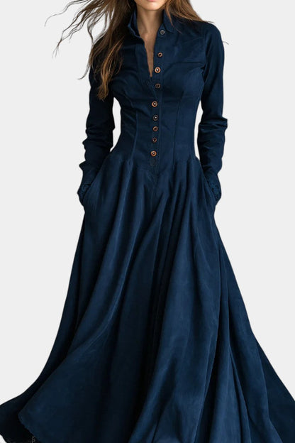 Donkerblauwe Lange Jurk met Knoopsluiting
