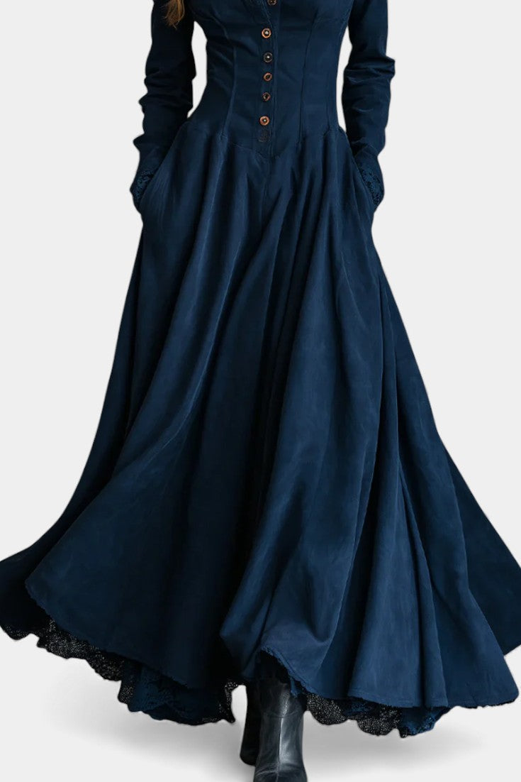 Donkerblauwe Lange Jurk met Knoopsluiting