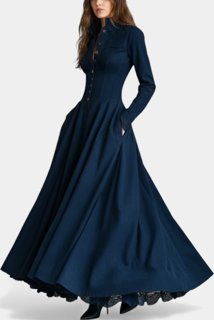 Donkerblauwe Lange Jurk met Knoopsluiting