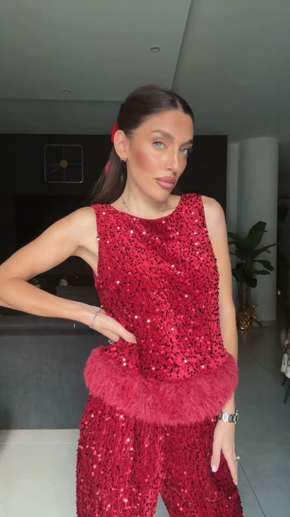 Rode Jumpsuit met Glitteraccenten